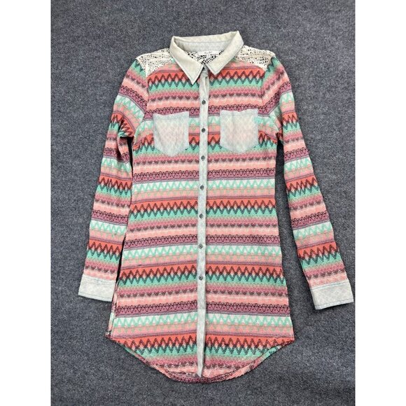 Miss Me Tops - Miss Me Jacquard Shirt Tunic Women's Medium Aztec Print Button Up Long Sleeve